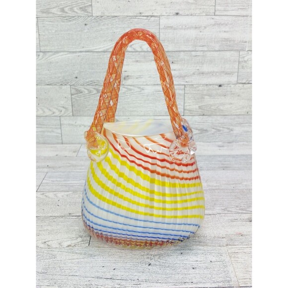 Block Natalie Evening Bag Handblown Glass Stripes Twist Handle Candy Dish Vase - Picture 1 of 8
